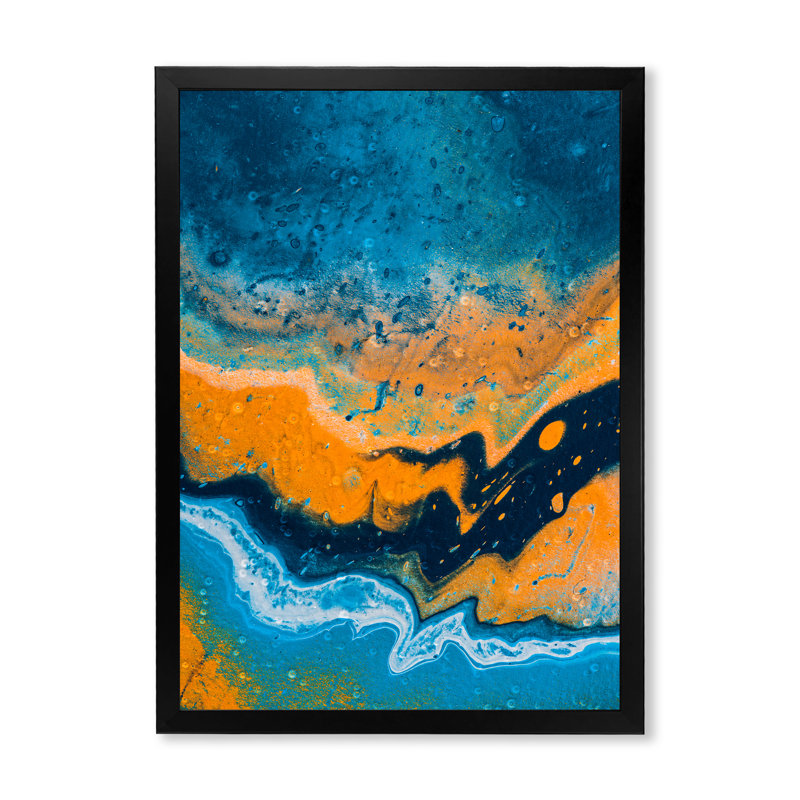 Composition abstraite de marbre en bleu et orange IV - peinture sur toile, H 32 po x l 16 po x P 1 po, Cadre noir