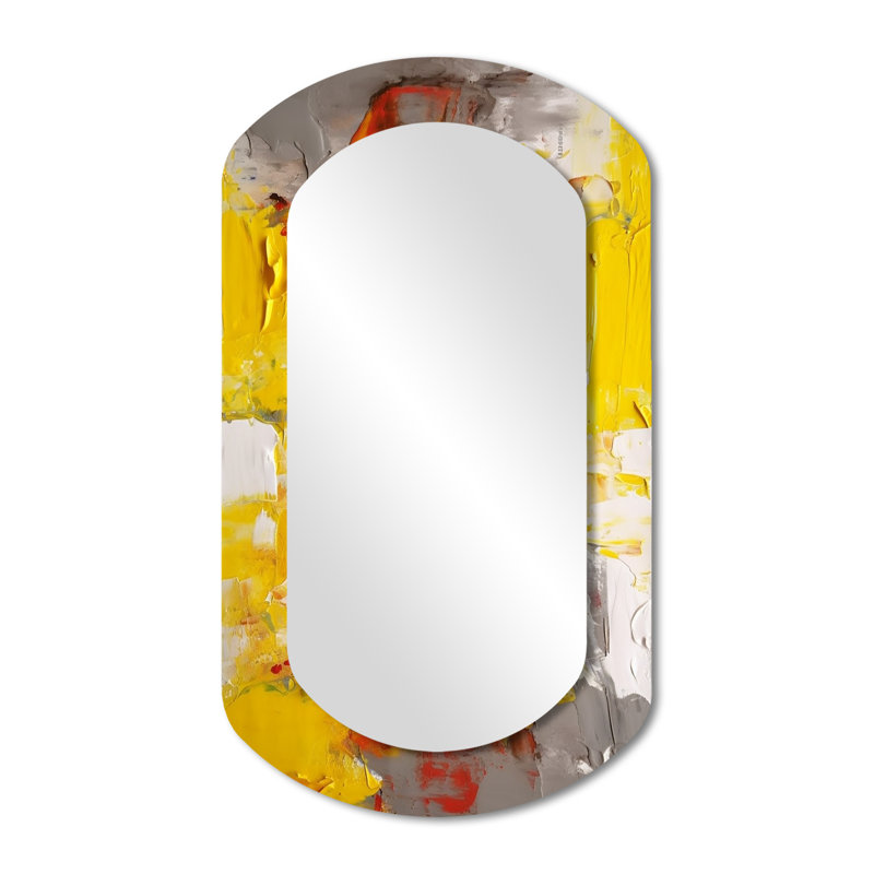Joyful Chaos In Yellow And Gray - Abstract Collages Cylinder Unique Wall Mirror, Modern Asymmetrical Mirror, Printed Metal Art