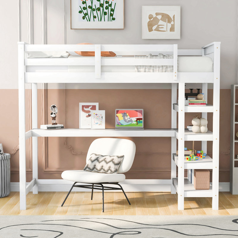 Lit mezzanine avec tablettes de rangement et bureau sous le lit, Lit simple, Blanc