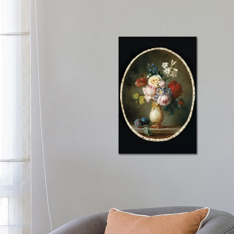 A Vase Of Flowers And Two Plums On A Marble Tabletop, 1781 by Anne Vallayer-Coster - Wrapped Canvas Print