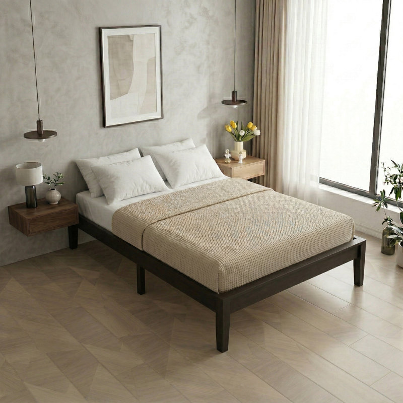 Solid Pine Wood Platform Bed Frame, Tobacco, Full