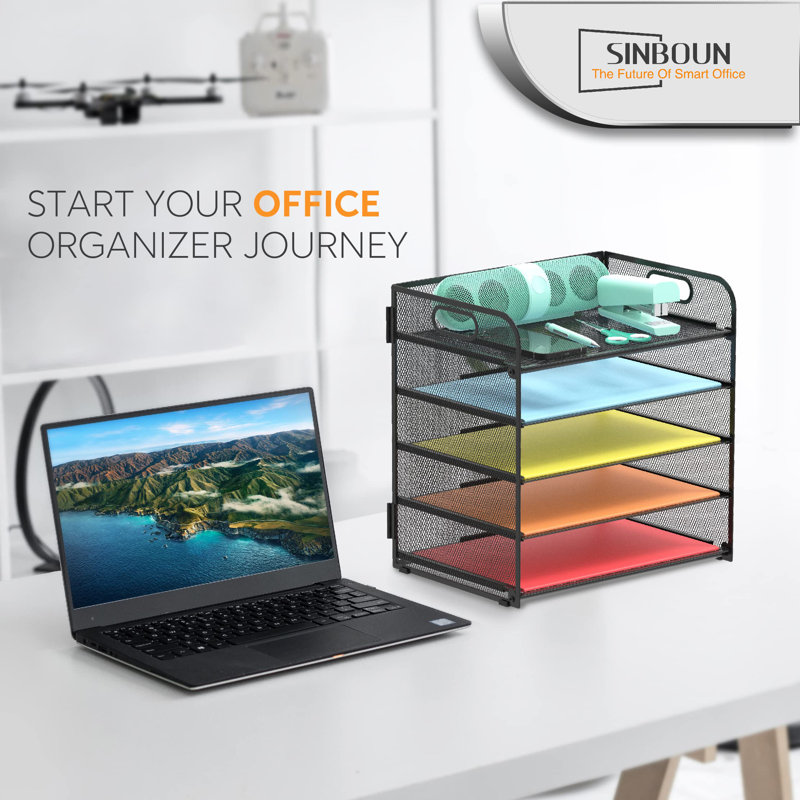 Black Metal 5-Tier Letter Tray Paper Organizer with Handles