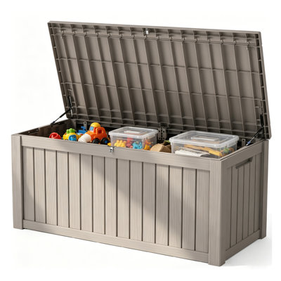 150 Gallon Durable resin outdoor storage deck box with waterproof uv-resistant design, ideal for patio cushions, pool toys and garden tools, Grey