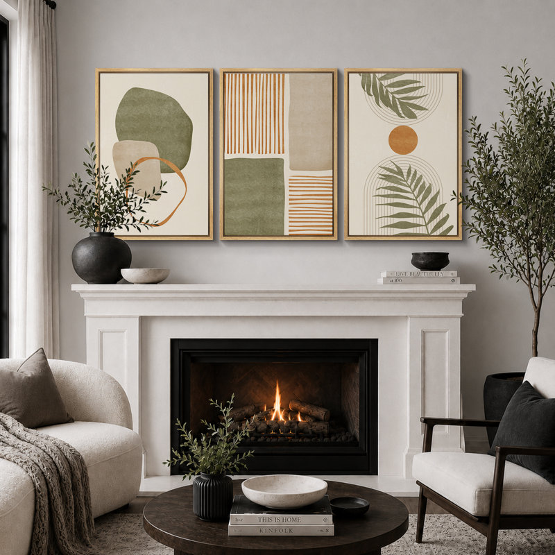Mid Century Modern Boho "Organic Tropical Leaf Artwork, Neutral Abstract Warm Pictures, Framed Canvas 3 Pieces Giclee Print Wall Art
