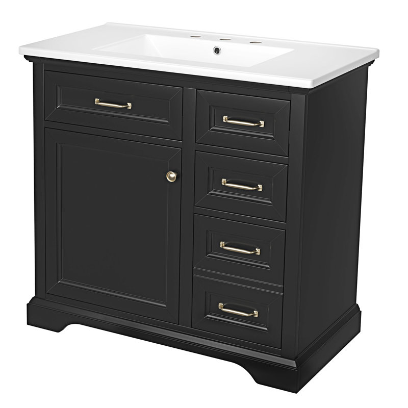 Meuble-lavabo de salle de bain avec lavabo, Noir, Doré