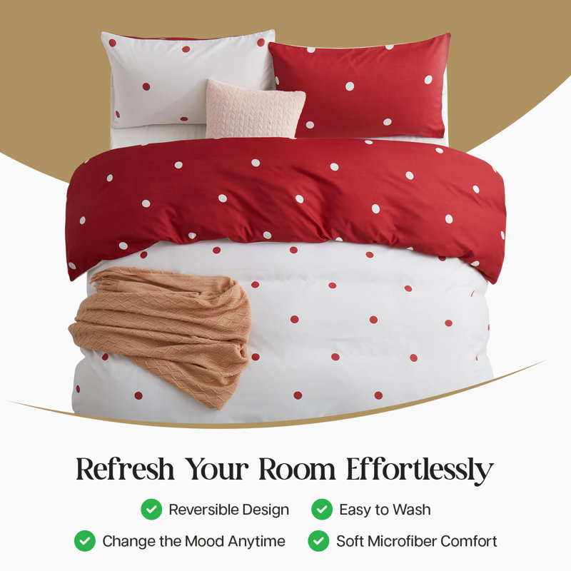 Dual Pattern Reversible Brushed Microfiber Printed Duvet Cover Set With Matching Pillow Covers, Red/White Polka Dots