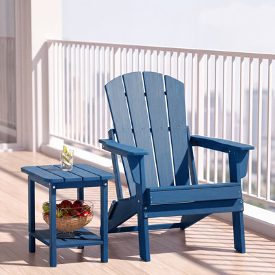 Folding Adirondack Chair with 2-Tier Side Table, All-Weather HDPE Outdoor Seating Set with Storage Shelf for Porch, Balcony & Poolside