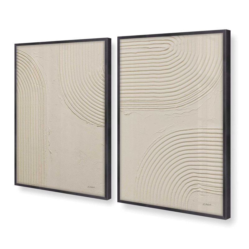 «Echoed Curves in Beige», ensemble de 2 impressions, 10 po x 8 po, H 15,5 po x l 23,5 po x P 1,25 po, Cadre en zinc patiné
