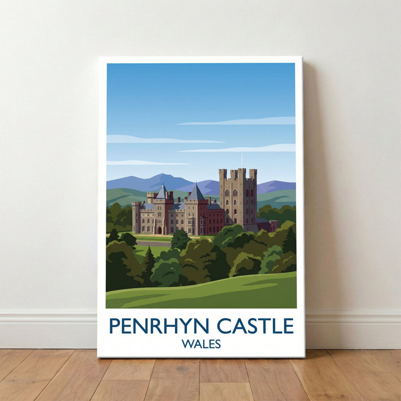 Penrhyn Castle, Wales - Romantic Travel Poster Of Neo-Norman Castle And Snowdonia Views. Giclee Print On Wrapped Canvas. Wall Art, Home Decor - Castles & Palaces, Wales - Wrapped Canvas Print