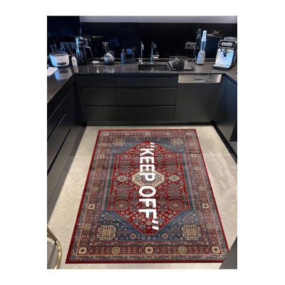 Tapis rouge texturé «Keep Off» rouge à motif de tapis iranien