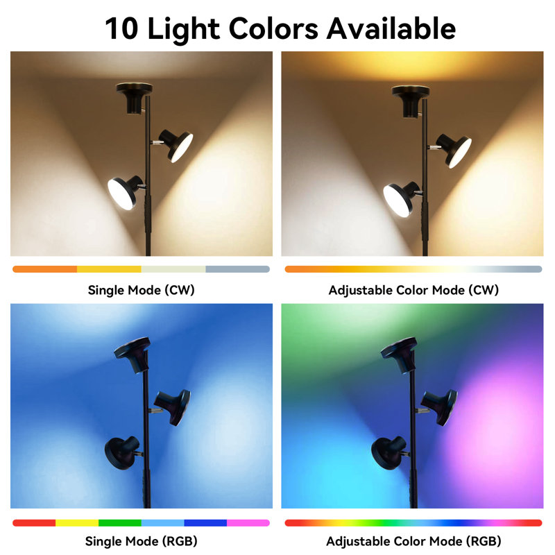 RGB Floor Lamp With Three Lamp Heads W/ Remote Control Black