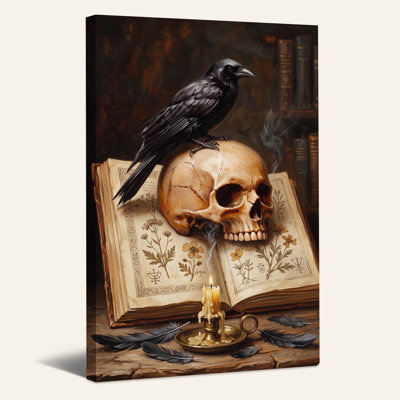 Corbeau noir perché sur un crâne avec un livre botanique sur toile d'Halloween