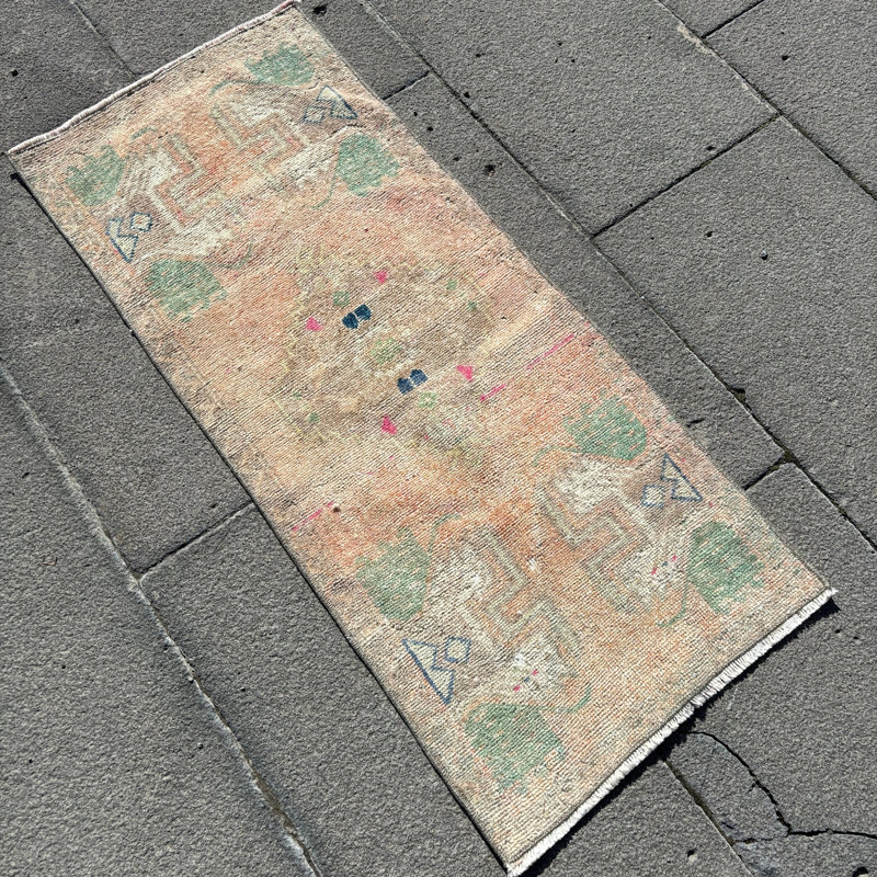 Vintage Turkish Anatolian Small Beige Rug for Entryway, Bedroom or Door Mat Decor