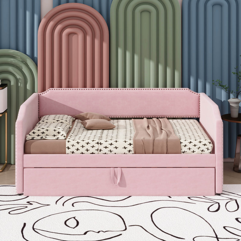 Twin-Sized Daybed Upholstered In Velvet, Complete With Pop-Up Trundle, Pink