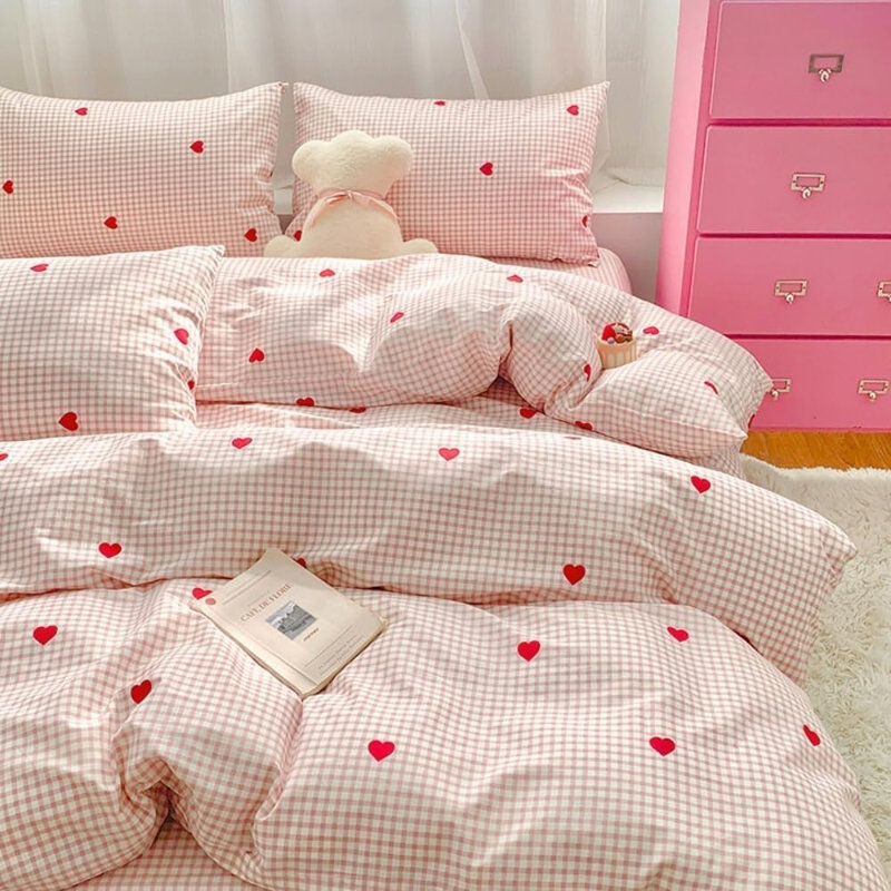 Pink And White Grid Comforter Set Love Heart Plaid Buffalo Check Gingham Pattern Microfiber Bedding Set Modern Cottage Preppy Decor Bedding For Women Girls