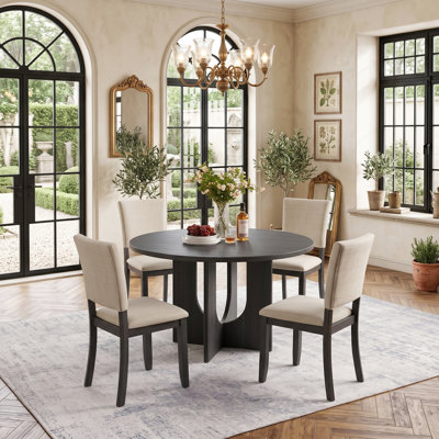 Round Dining Table Set with 4 Upholstered Dining Chairs