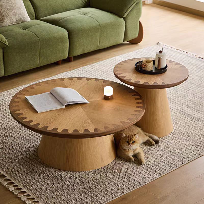 Round Coffee Table Set, Modern Oak & Walnut Dual-Wood Inlay with Gear Edge, Stylish Living Room Center Table