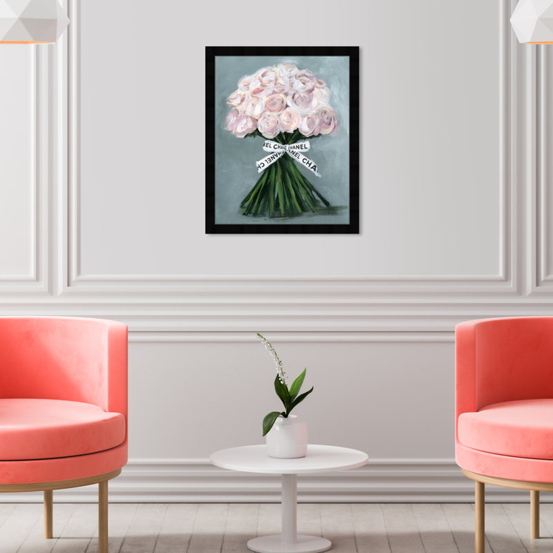 «Pink Pastel Rose Floral Bouquet», cadre flottant, impression sur papier, H 22 po x l 18 po, Cadre noir