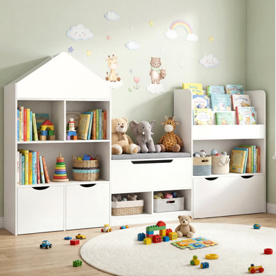 72" Kids Castle Bookshelf With Reading Nook, Large Toy Storage Organizer With Seat Cushion, 3+1 Movable Drawers, Kids Bookshelf And Bookcase With 8 Cubbies, Bench For Playroom, Nursery, Bedroom