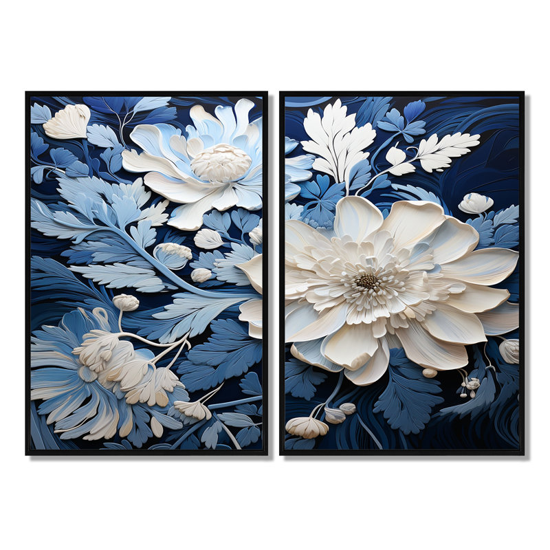 Aquarelle de fleurs saisonnières bleues et blanches III - Fleurs, art mural, 36" H x 48" W, Impression encadrée flottante