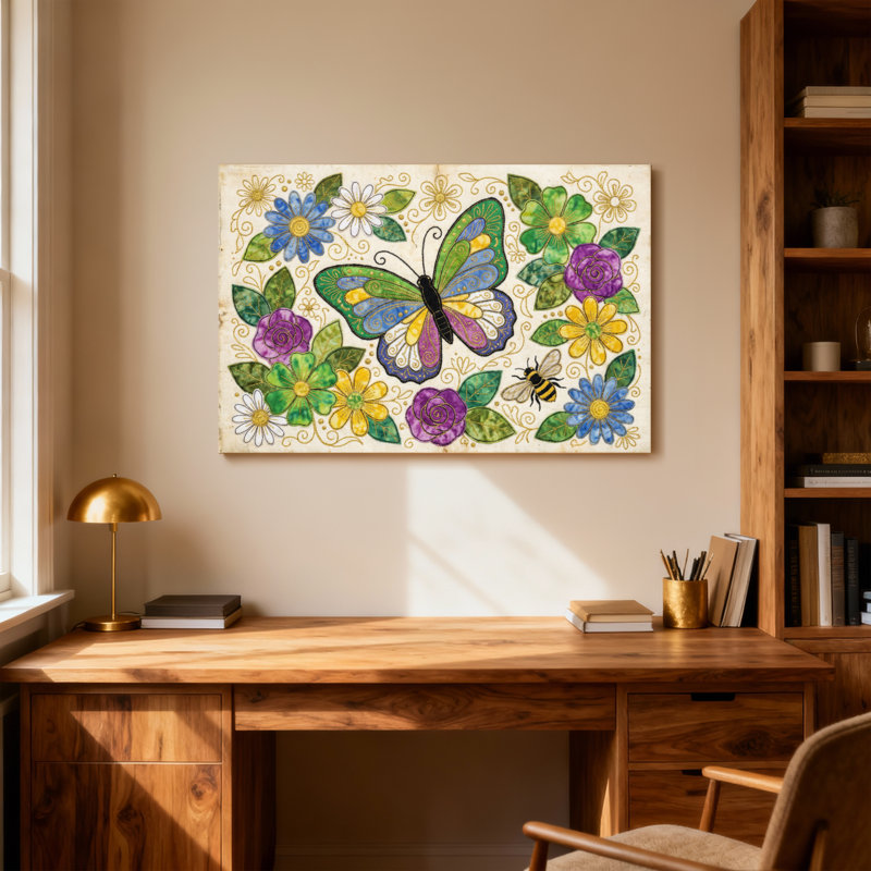 Animaux, papillon, fleurs, abeilles, motif artistique, H 12 po x l 18 po