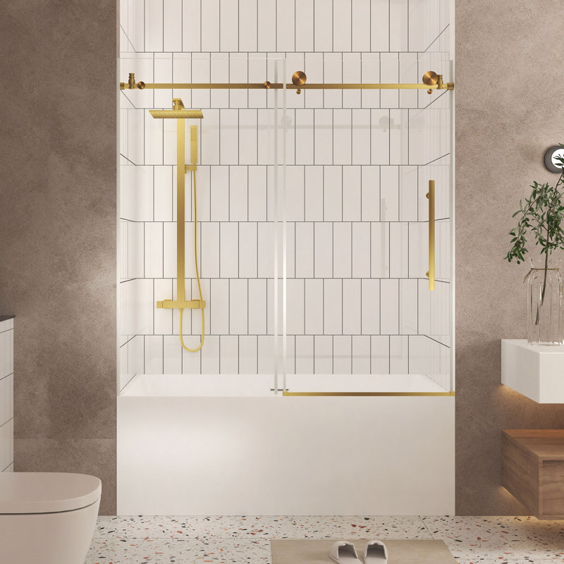 Frameless Shower Door 56-60 "W X 60" H, 1/4 "(6 Mm) Clear Tempered Glass, Explosion Proof Film, Stainless Steel Handle