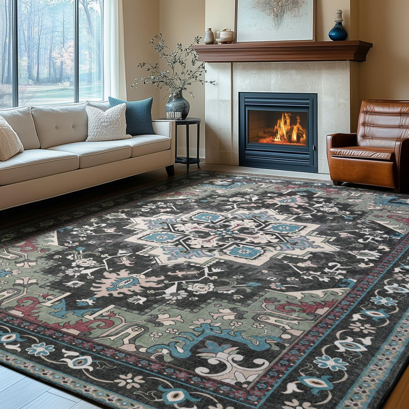 9'X12' Washable Area Rug with Rubber Backing Green, Rectangle 9' x 12', Green