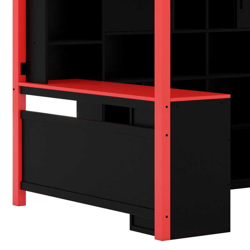 Lit mezzanine en bois avec bureau, grand espace de rangement et lumière, Rouge