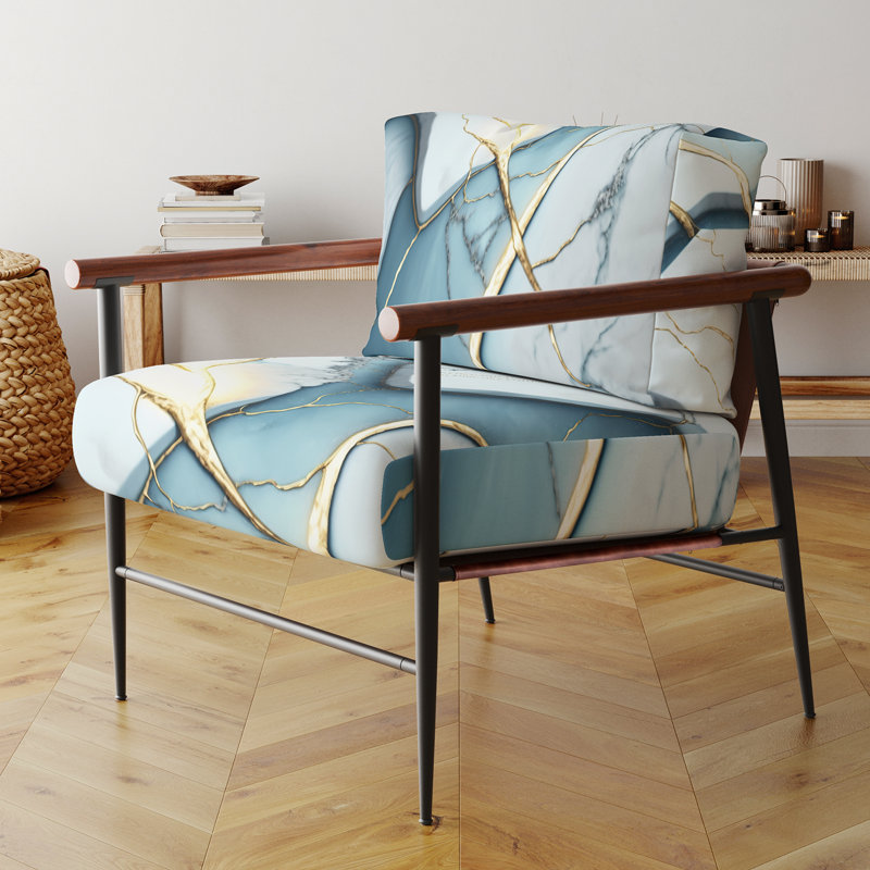 Chaise d'appoint avec accoudoirs abstraits Modern Geode White II, Doré