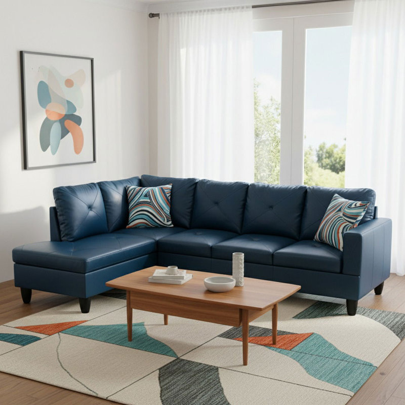 Ensemble de canapé modulaire en cuir 3 pièces avec méridienne et repose-pieds avec rangement Monaco, Face à la gauche, Bleu
