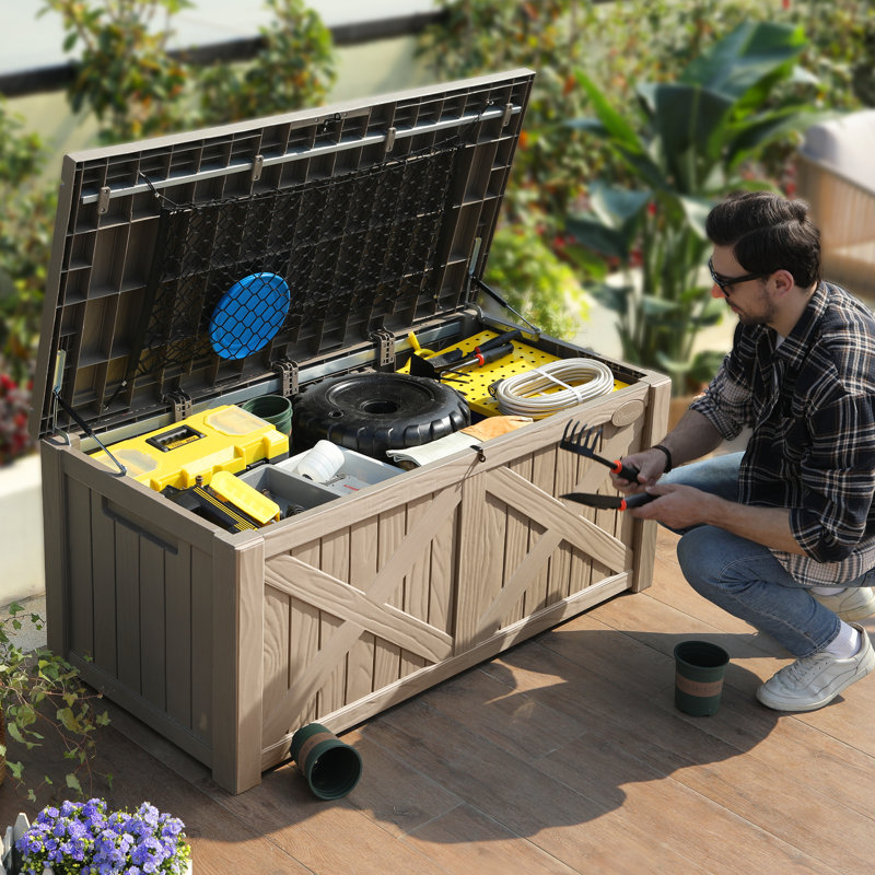 Balconera Deck Box 142.7 cm W 450 L Water Resistant Resin Lockable Deck Box, Brown