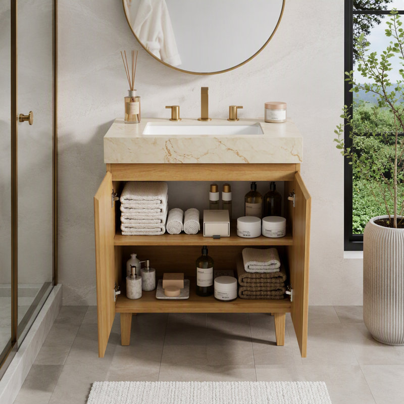 Meuble-lavabo avec lavabo en céramique et comptoir en pierre frittée veinée, sur pied, 3, 30", Beige et or