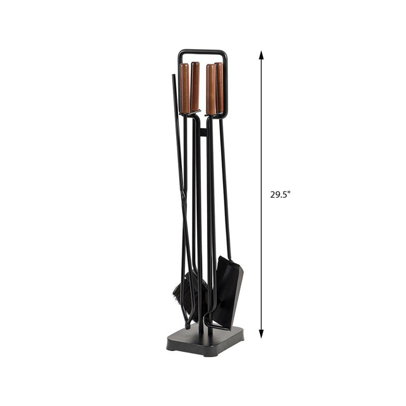 Modern Black Steel 5-Piece Fireplace Tool Set with Maple Handles