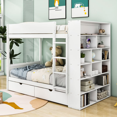 Wooden Bunk Bed With Two Storage Drawers And Multi-Layer Shelves
