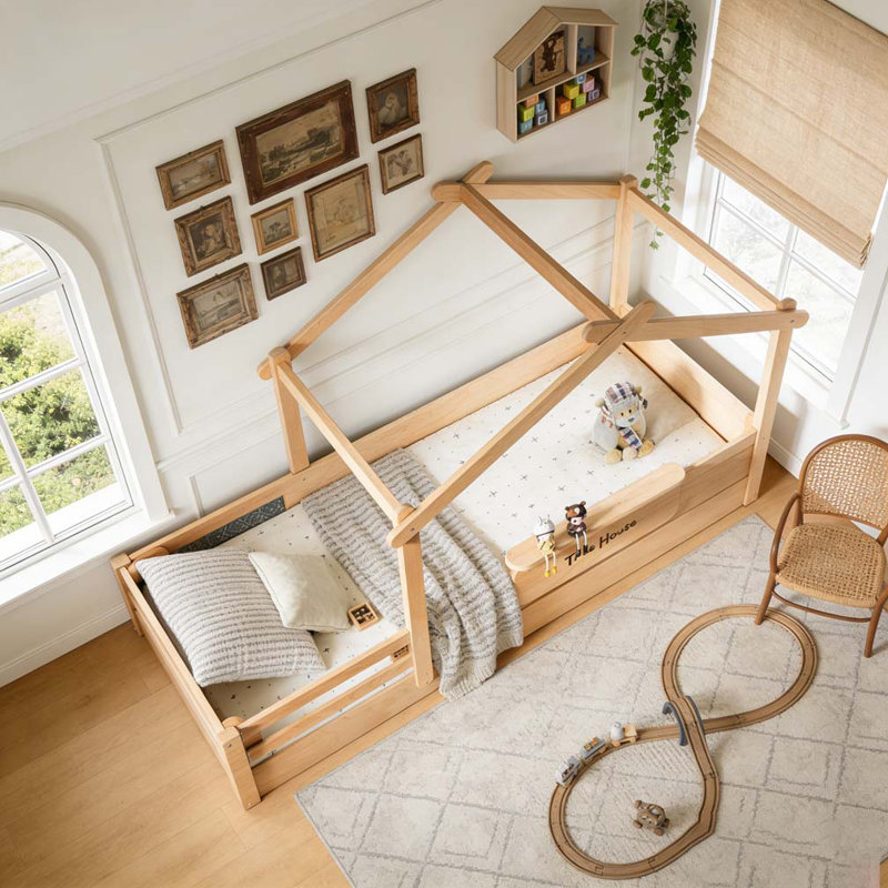 Lit de plancher avec garde-corps et toit, lit de plancher pour maison d'enfant avec petit plateau intégré et panneau d'installation libre