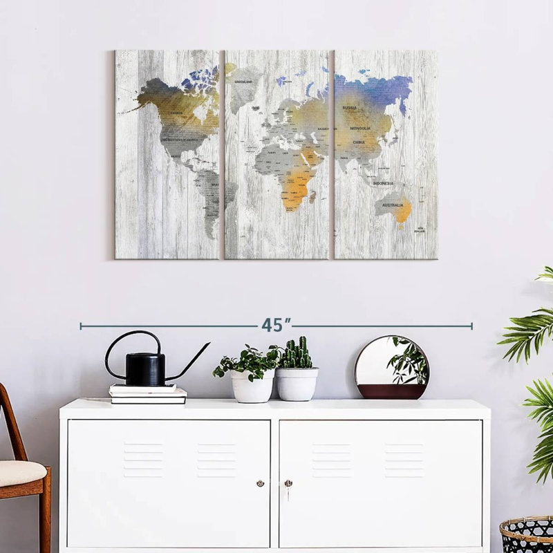 " Bianco Wood World Map " by Jorge S 3 - Pieces, 38" H x 24" W x 1.25" D