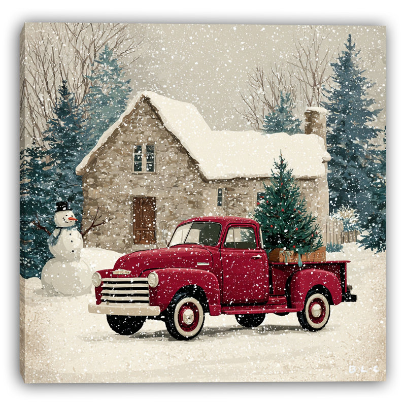 «Holiday Truck Under Falling Snow», art mural sur toile, H 20 po x l 20 po