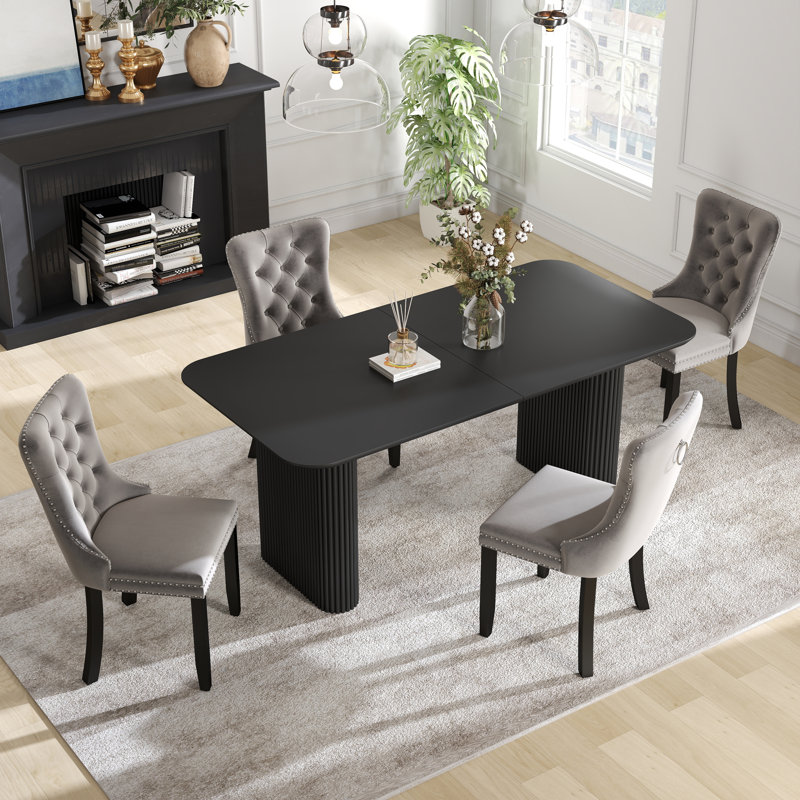 Ensemble de salle à manger rectangulaire à double piédestal avec table de salle à manger de style crème, 5, Gris