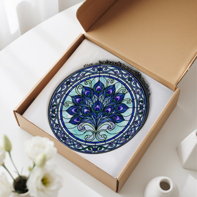 Peacock Feather Stained Glass Window Panel，12"H