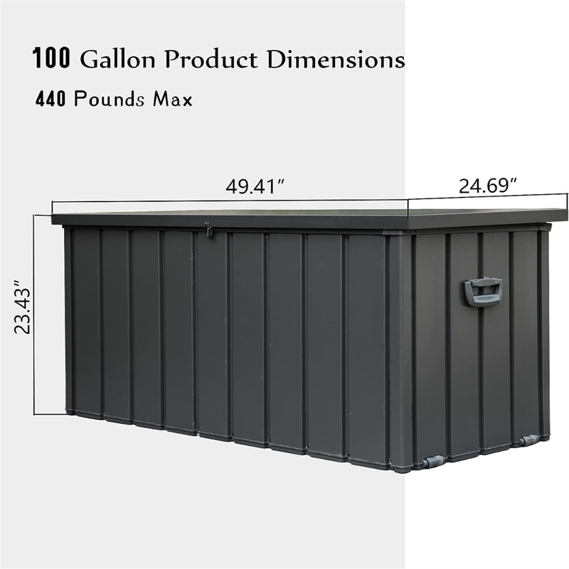 Contenant de rangement imperméable 150 gallons pour coussins de patio, outils de jardin, verrouillable (gris foncé)