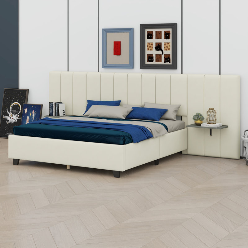Lit plateforme tapissier avec grande tête de lit, mobilier de chambre à coucher, Beige