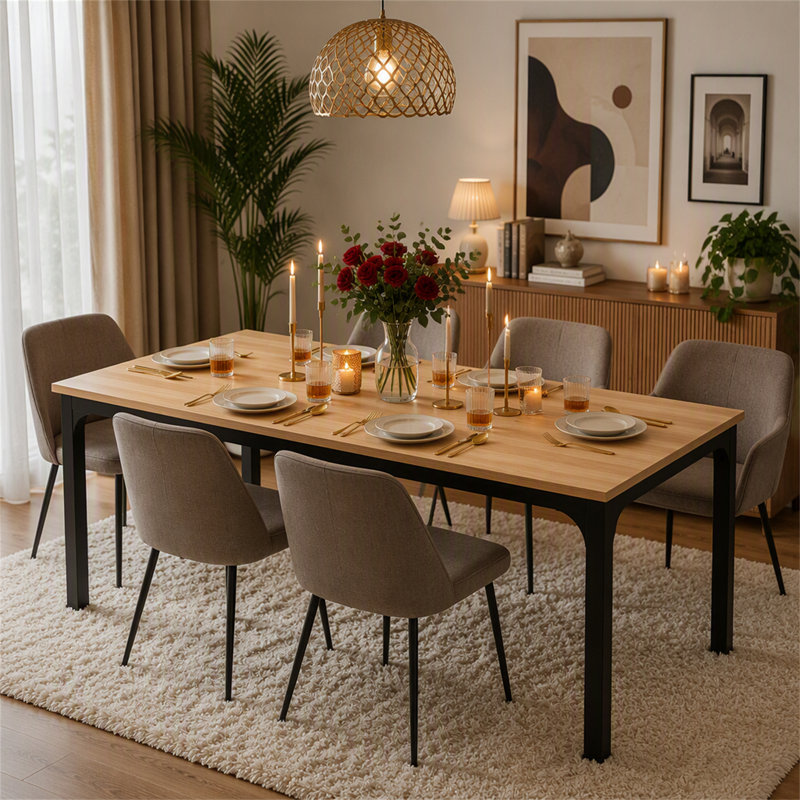 Table de salle à manger rectangulaire de 78 po pour 6 à 8 personnes, 29.53" H x 78.74" W x 27.56" D, Light Walnut/Black