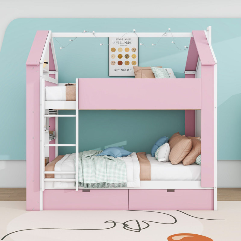 Lit superposé double au-dessus de double avec tiroirs de rangement intégrés, tablettes et éclairage DEL, Rose blanc