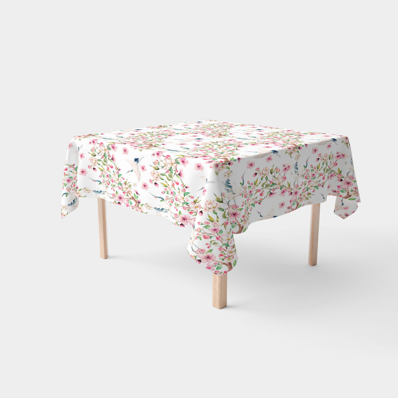 Square Tablecloth, 100% Cotton, 52X52", Cranes & Pink Flowers