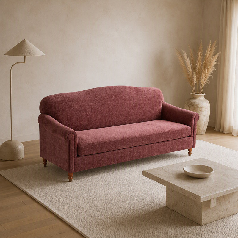 Sofa deux places moderne avec accoudoirs arrondis et revêtement en chenille, Chenille rouge