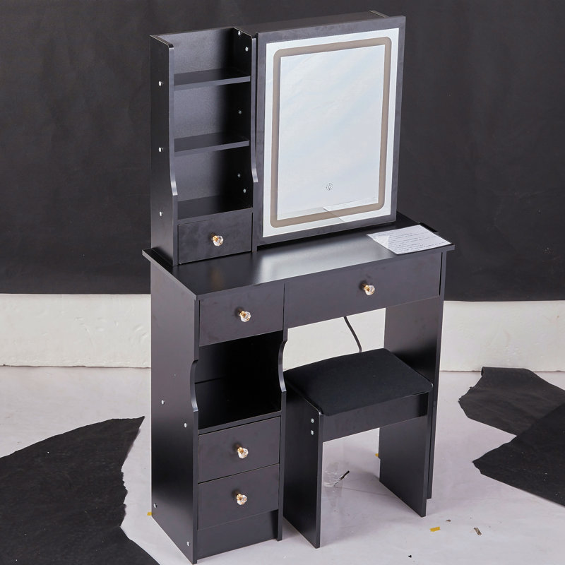 29.2" Small Size Desktop Led Light Vanity Table + Cushioned Stool, Large Sliding, Touch Control, Tri-Color Switching, Brightness Adjust Led Mirror, High Capacity Storage, Epa, Gcc, Ul Certificate