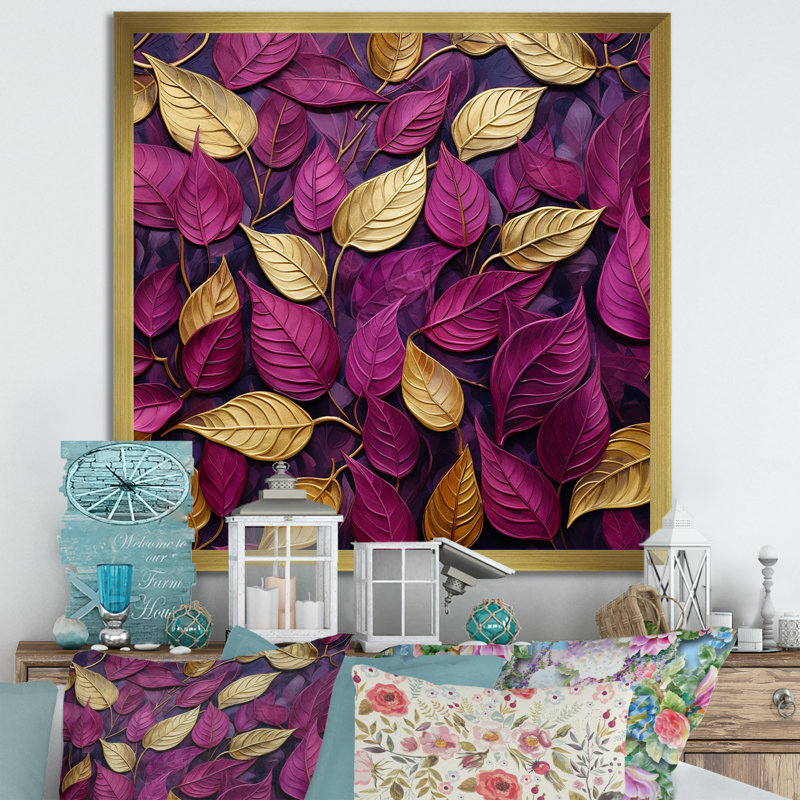 Feuilles dorées et roses charmantes I, Cadre doré simple, H 30 po x l 30 po x P 1 po