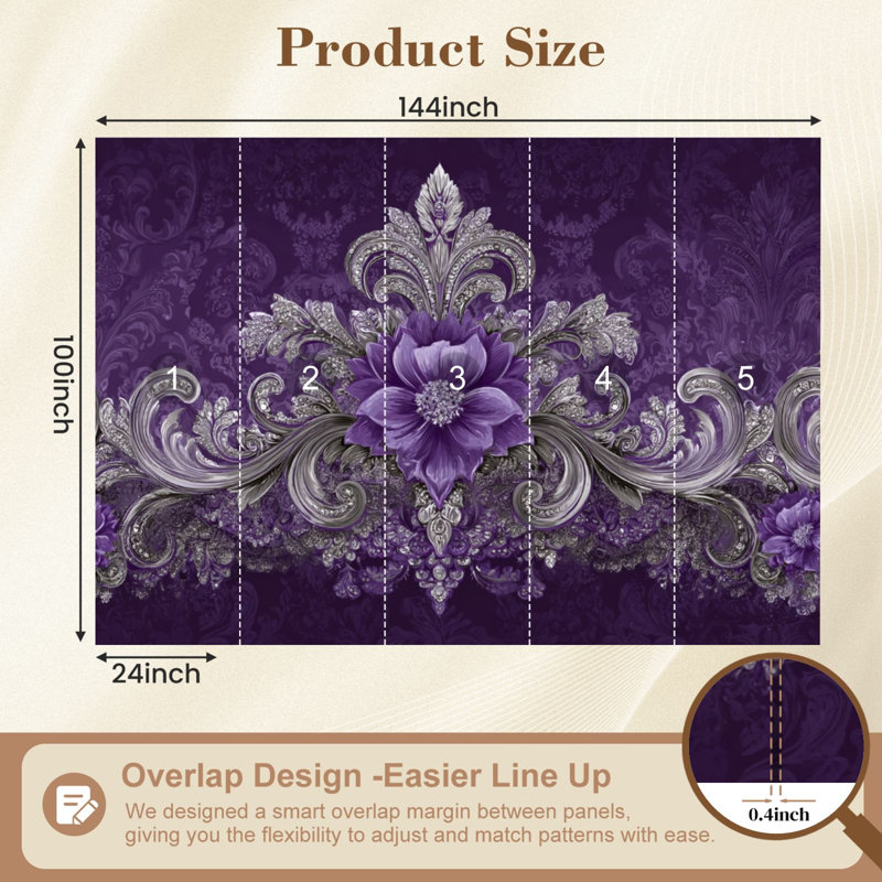 Papier peint adhésif décoratif à motif floral violet dégradé baroque Royal, L 144 po x l 100 po