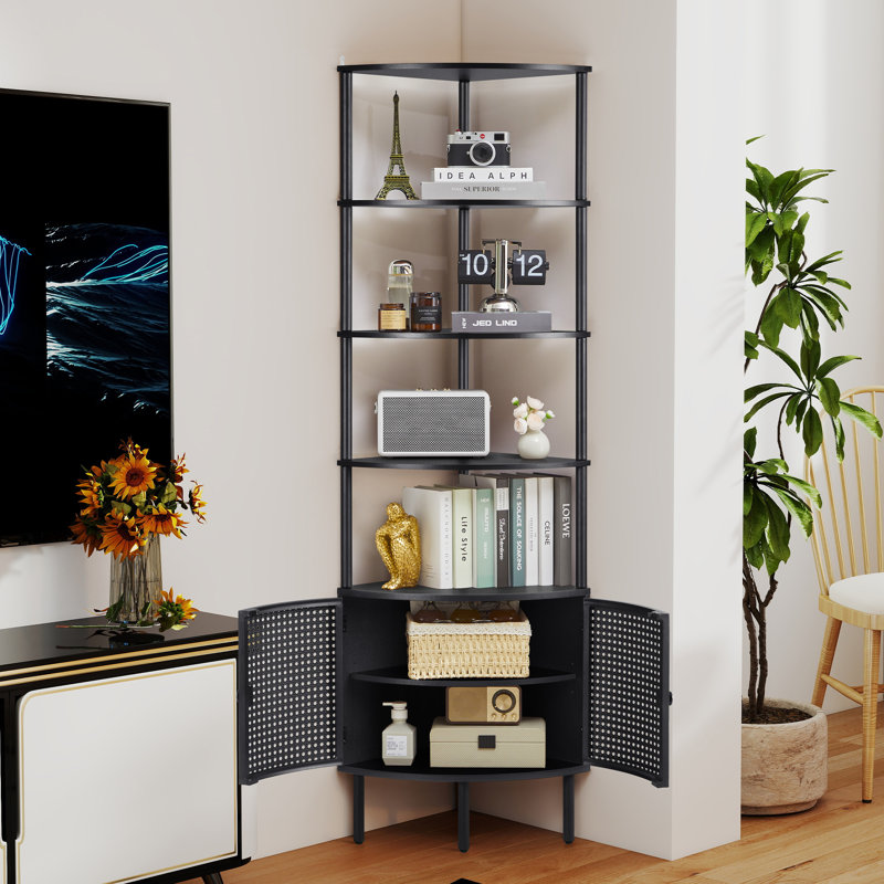 Bibliothèque d'angle, étagère de rangement à 5 niveaux avec armoire, Noir
