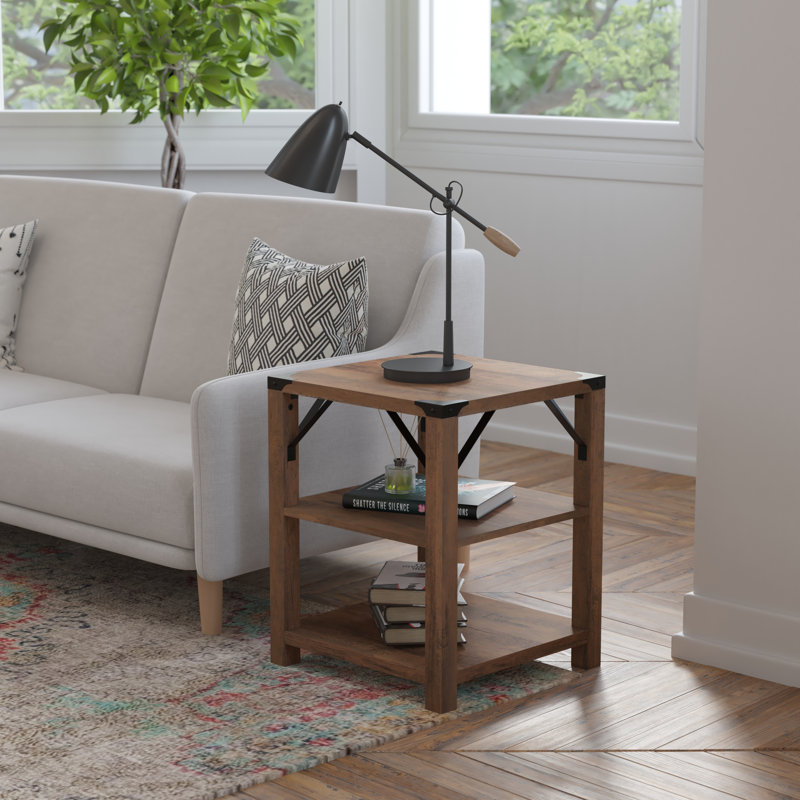 3-Tier Side Table With Metal Side Braces And Corner Caps, Rustic Oak